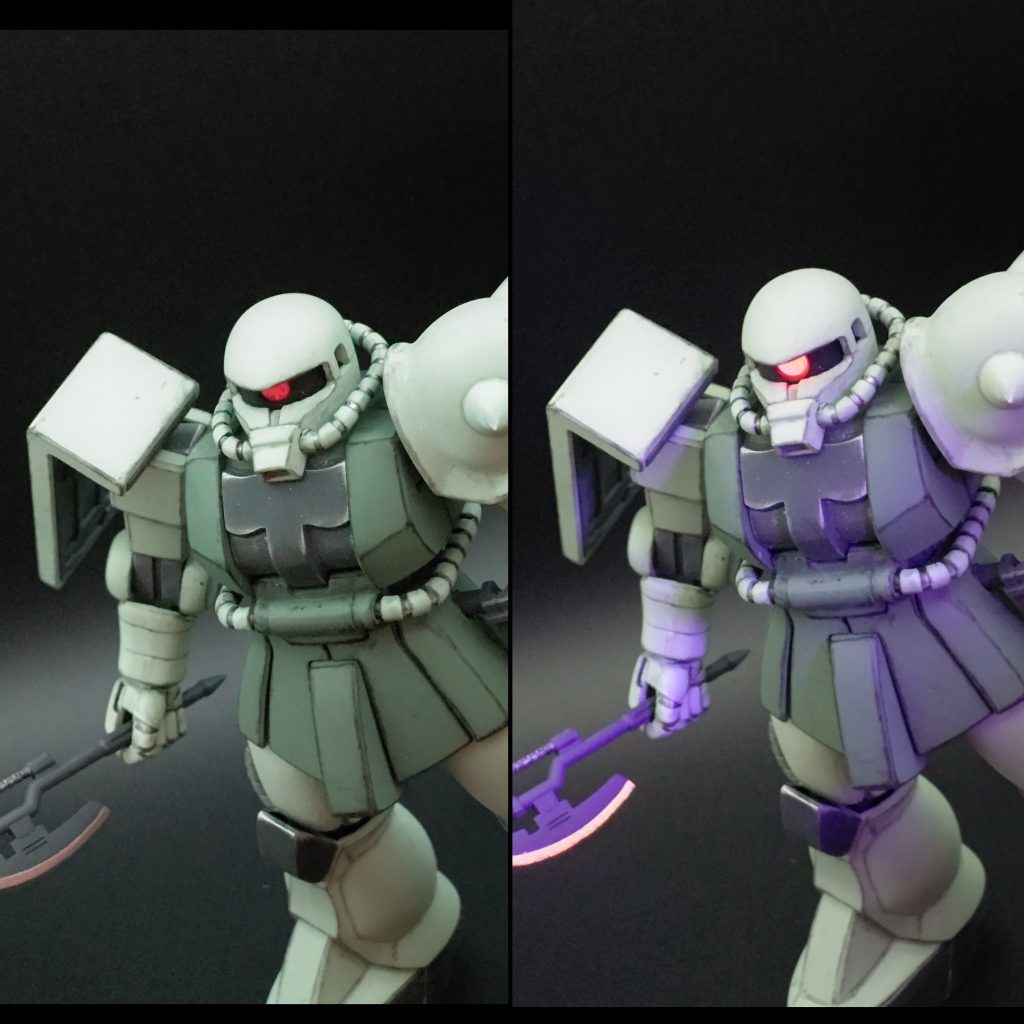 モノアイは レンズパーツに交換してあります。蛍光塗料を塗布してあるので、UVライトで蛍光反射して発光します。もうちょっとピンクっぽい色合いにしたかったんですが、思ったより厚塗りしてしまい赤っぽくなりました······でも悪くないかなw