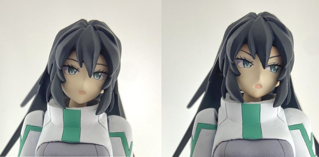 ■顔デフォの顔が好きではなかったので元のディテールを削り、パテで埋めた後に塗装しました。目は自作のデカールです。綺麗に出てくれてよかったです。