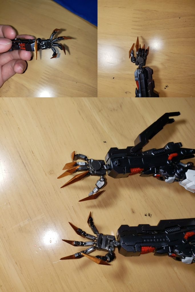 他の作品とが違うポイント②この作品の大きな強みでしょう。エモーションマニピュレーターを拡大改造したため、あらゆるポージングにも一切困らないハンドパーツになりました。そして持ち前の気合と根性により、メタルロボット魂のような非常に鋭、かっこいいレクスネイルの自作に成功。ではいざ装甲をつけていきましょう!