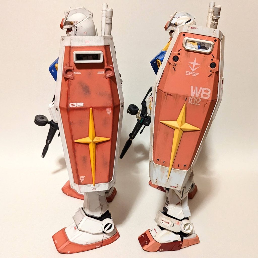 PGU 1/60 RX-78-2 ガンダム PG比較④左側面比較盾の違いも分かりやすくなりました。十字マークもこう見ると全然違いますよねw