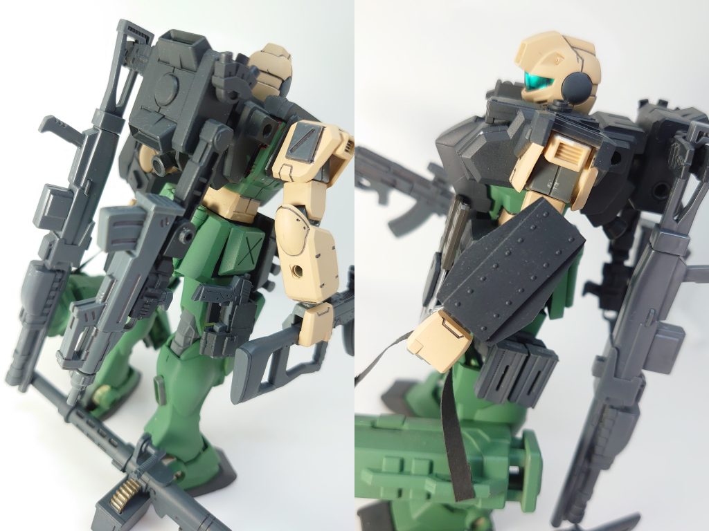 ウェポンラックのバックパックに両太ももにマガジンとハンドガンを装備左腕にはフルアーマーガンダム風の増加装甲パーツをプラバンで製作