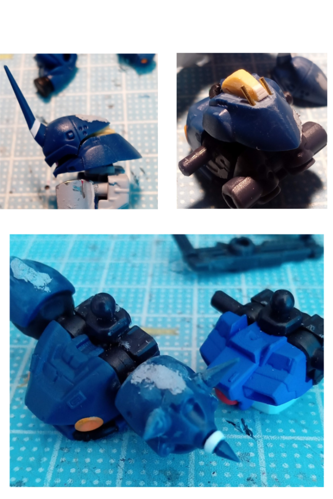 目つきを鋭くするため、頭部上部の角度をつける。そのため後頭部が空いてしまうので、エポパテで隙間を造形し、ダクトみたいなディテールをプラ板で、両サイドに真鍮パイプでそれっぽくw顎を引けるように、首関節の位置を後方に移動。