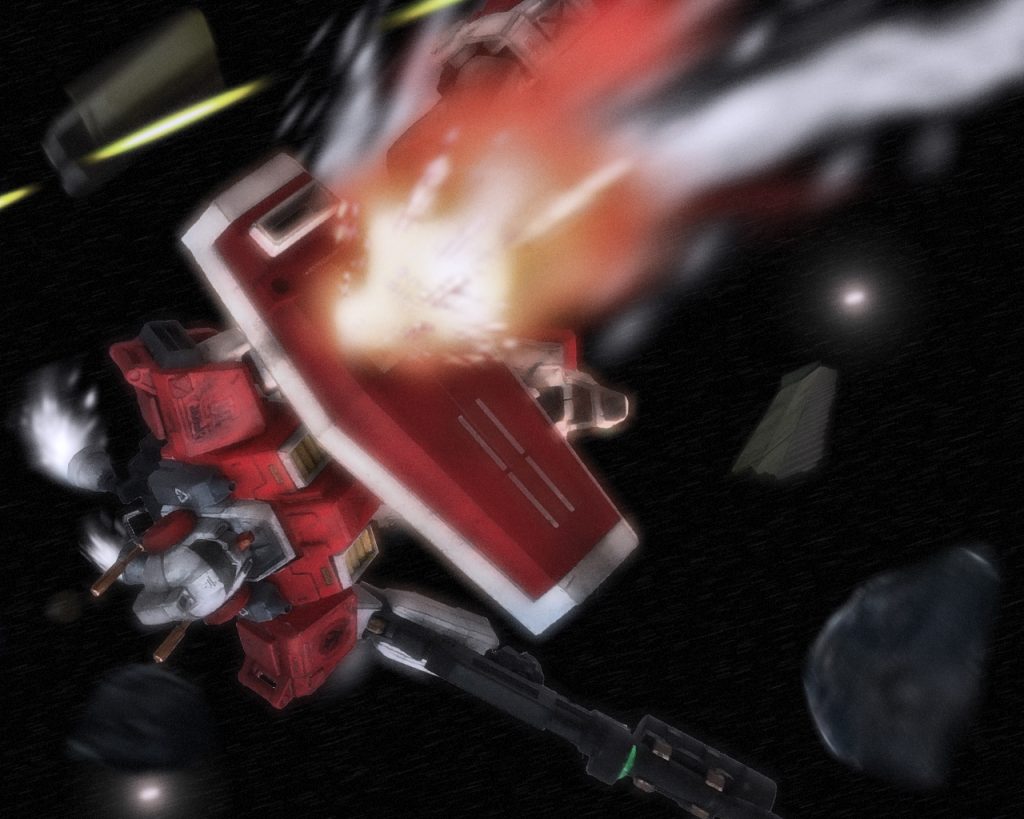 バズーカの弾はジムの回避を予測したポイントに一直線へ翔んでいく。ネイマンはマシンガンの弾を避けるのに必死になりバズーカの弾に反応しきれない。それでも盾で受けると後方へ飛ばされ致命傷は避けた。機体に鈍い衝撃が走りレバーを必死に握るが次にメインカメラに映ったのは角の付いたザクが自分を目掛けて接近していた。「試作品だがこの一撃は重いぞ!」シュタイナーはヒートクローを展開するとスラスターの推力を用いジムに近接格闘を仕掛ける。ネイマンも破壊されたシールドをパージすると脚部からビームサーベルを抜いた。「なんだあの装備は?!」ヒートホークより明らかにリーチが長い。ネイマンは正面から受けようとする。