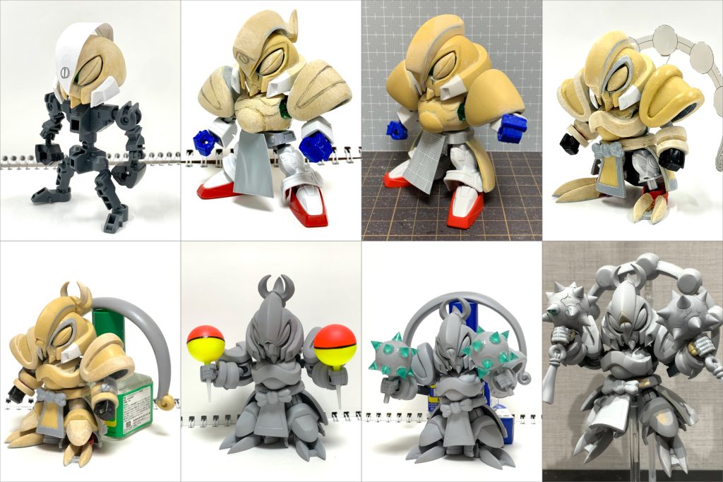 制作中の画像まとめ。 芯にLGBB等のパーツを使用していますが、表面はほぼパテ製。 バックパックはプラ板積層でカチューシャ状のパーツを作ってからパテで太鼓を盛り付け。 雷鼓は釣りのウキにレジン複製したスパイクパーツを貼り付け。