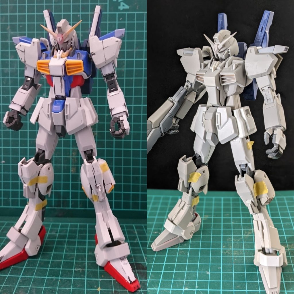 制作初期　お気づきの方もいっらしゃると思いますがﾍﾞｰｽはMGインパルスガンダムです。フレームに合うようほとんどの外装パーツを幅詰めしています。脚部はフレームから２ｃｍ程度延長。