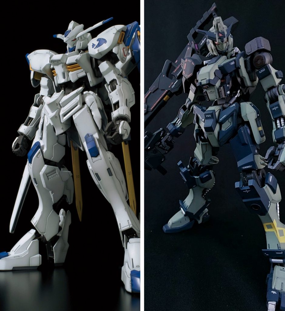 最後にベースになった1/100ガンダムバエル(写真左)との比較。主にエポキシパテやプラ板、ジャンクパーツ等で形状変更。レールガンも同様。ちなみに左足の黄色いマークはクロケルのクロを96と数字にしてマークっぽくしました。パーソナルマークが思い付かなかったのです(__)以上ガンダムクロケルでした。設定は妄想の為、原作と全く関係ありません!(笑)