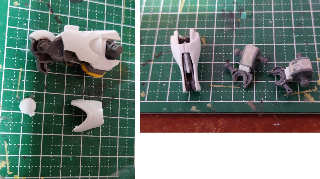 太もも　合わせ目が出るため一度接着して別の個所を切断して合わせ目を変更します足　ふくらはぎの肉抜き穴をプラ板で塞ぎました足首　切断してプラ板で2mm延長（胴と同じようにここで延長すれば目立ちにくいので色を塗るだけでわからなくなります）＆接着剤で肉抜き穴埋め