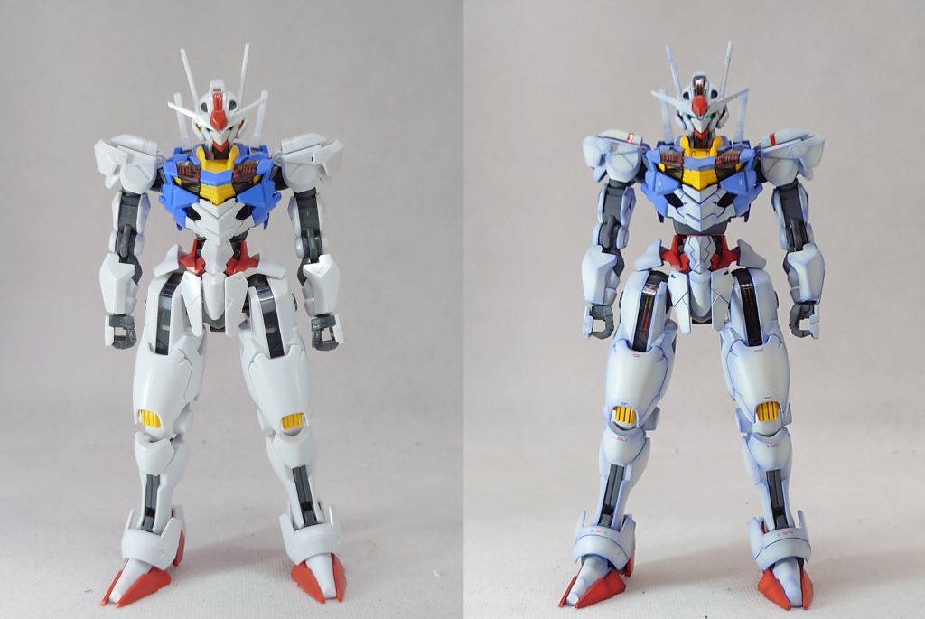 最後に比較写真です使用塗料は白：ブライトロイヤルブルー→ニュートラルグレー青：廃棄塗料（MAX塗りのベースグレー的なもの）→ホワイト→風蒼黄色：黄橙色→サンシャインイエロー赤：廃棄塗料→ホワイト→フレイムレッドグレー：メカサフトップコート：半光沢