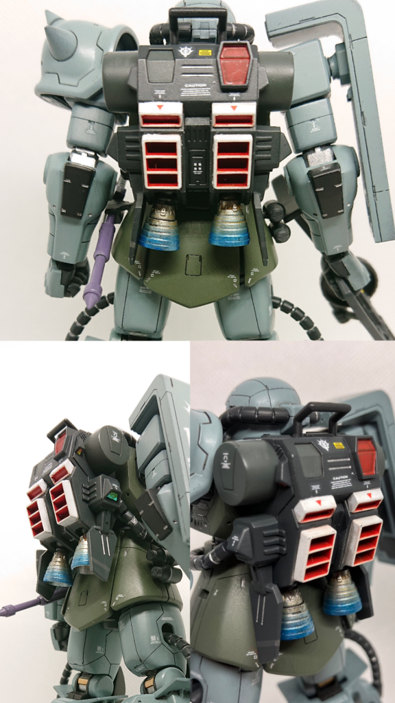 このキットの本体とも言える大型のランドセルです。本体、プロペラントタンク、四角バーニアをマスキングで塗り分けました。以前作製したジムストライカーの経験がここで活用することに。メインスラスターはシルバーで塗装してクリアブルーで青焼け表現を施しましたが…。難しい。