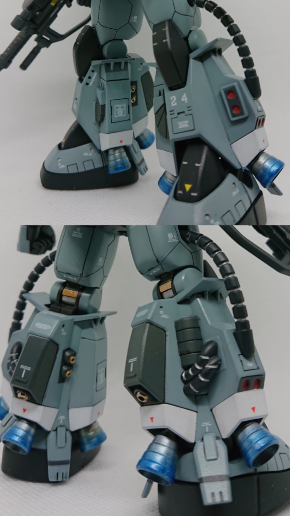 特徴的な脚部造形です。こちらもマスキングで塗り分けました。あとは各スラスターのにメタルビーズを配置してます。動力パイプのスミはシルバーで入れてみました。なかなかカッコよくなったと思います。こういった発想は本サイトで他の製作者さんの作品を拝見して得た知識なので、Gunstaに出会えて良かったです。