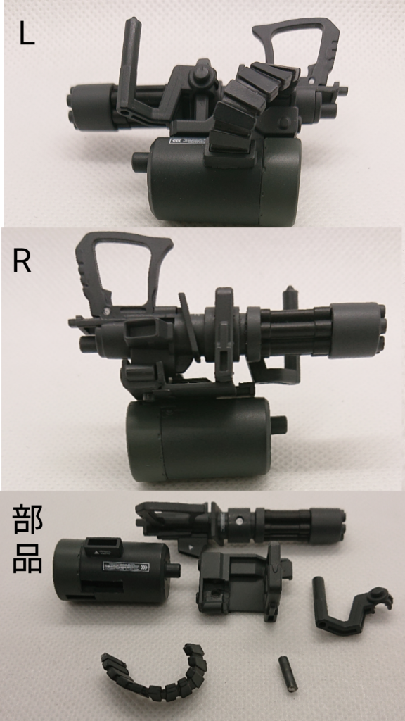 75mmガトリングです。左向き、右向き、部品になります。作製に関しては、まず銃身を短縮。同じようにガトリングシールドの接続具も短縮し、フレームとしました。右手持ちなので、右側に薬莢を排出するために逆さまにしてザクバズーカのグリップを接着、機関部の固定にシステムベースの武器を固定する枠をフレームに接着、フォアグリップにリバイブグフの楯のグリップを移植、あとは切り離した接続具に残っていた弾薬レールを根元からドラムに接着し、長さを調整して関節です。機関部とフレーム自体は下からピンを差し込んでいます。複雑に見えて簡単な工作しかしていません。息子からはプレデターに出てきたチェーンガンのようだと評されました。ならばと余っていたヒートサーベルをヒートナイフにしています。