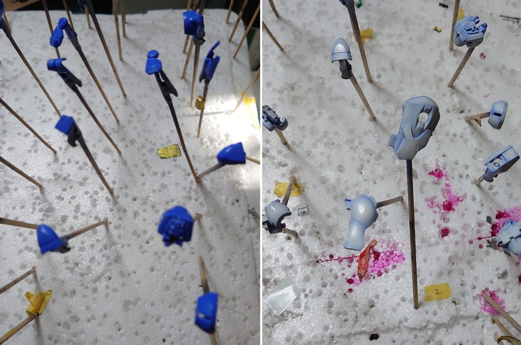 グラデーション塗装　ガイアノーツのブライトロイヤルブルーからニュートラルグレーで塗装してます（白のパーツしか撮影してませんが一応関節以外のパーツを白立ち上げでグラデ塗装してあります）