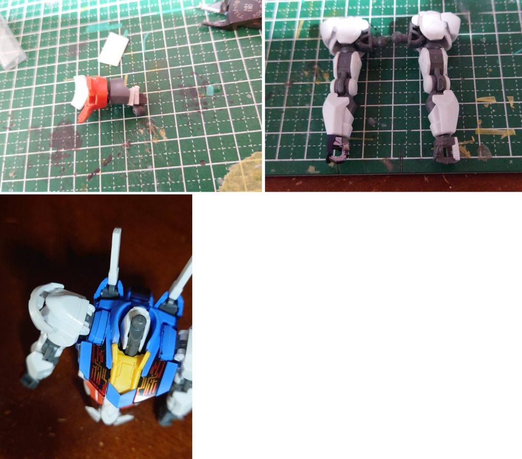 主に先人の知恵をお借りして体型の変更や合わせ目けしですまずは胴体、ジョイント部分を切り離しプラ板を挟んで２ｍｍ延長ここで延長すれば組み立てたとき見えなくなるので余計な処理は不要です手はちょっと大きいなと感じたので30MMのものに変更しました手の甲は少し加工すれば取り付けられます胴体の腕接続部分の内側を1mm削り横幅を詰めます