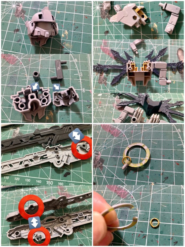 錫杖パーツは悟空インパルスの如意棒に接続パーツを組み合わせ、廃棄ランナーの真ん中の丸い部分を再利用して自作しました。軟性のある素材のランナーを使用したので、塗装した後から100均アクセサリー製品の金リングを通す事が出来ました。