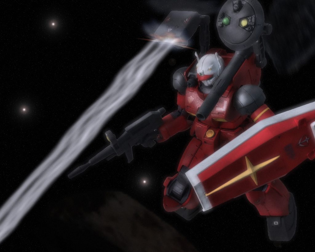 敵目標地点侵入。ロックオン。「ミサイル1〜3番発射!」バッグパック右翼にあるミサイルポッドから順に白煙をあげミサイルが翔び立つ。「隊長!ニジの方向から3つ飛翔体確認!」「何だと?!まだ伏兵がいたのか、ミサイルなら撃ち落とすぞ!」シュタイナーはミサイルの来る方向へ機体を向けた。「ミサイル3‥、いや多数!」レーダーに映っていた3つの点が散るようにバラけた。目視で数えるには時間が掛かり過ぎる数だ。「多弾頭ミサイルか!!」