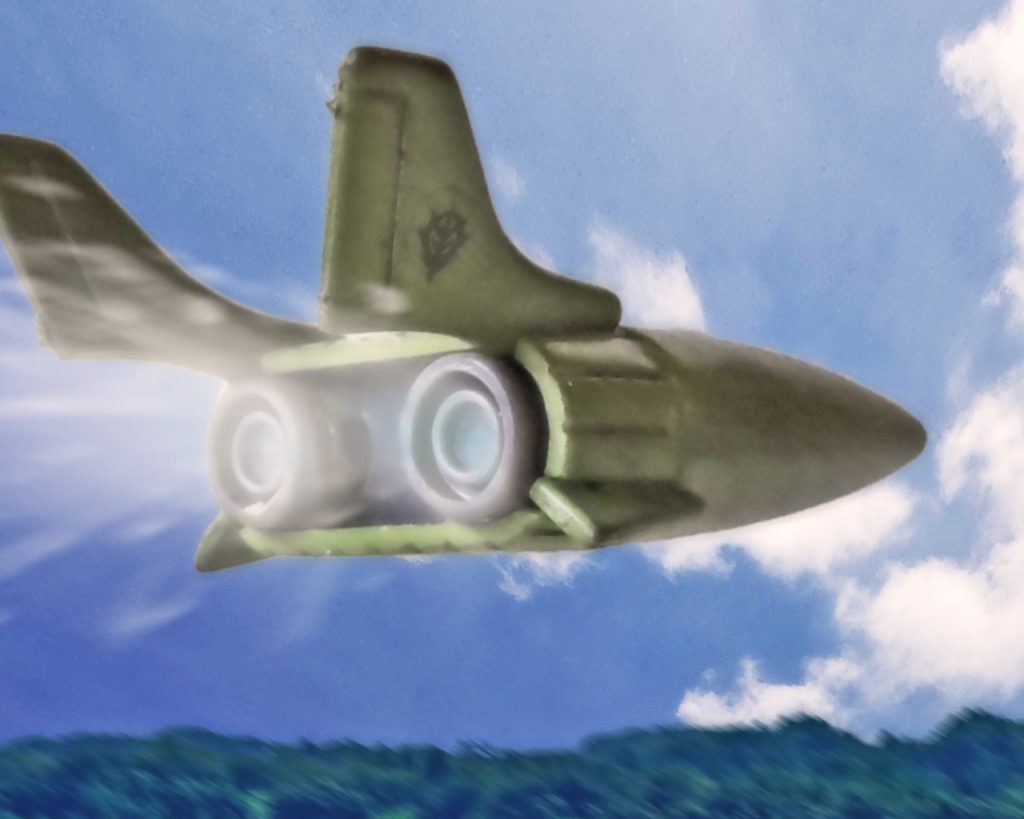 対流圏に入り地上の景色が近づいてくる。この辺りは森と枯れた大地が入り混じり、ほぼ手つかずの自然で覆い尽くされていた。「あれは基地か?」前方に見える拓けた大地に建物と滑走路らしき舗装路が見えた。「地図には無いですがあそこなら着陸出来そうです！」「地図にない?じゃあ敵か味方も分からないのか?」「ですが着陸できる場所はあそこしか‥」「私はギャンブルをしない人生を送ってきたが、今日が初めてだ」エイプは胸元で手を組むと天を仰いだ。徐々に高度を下げ目的地が近づくとパイロットから歓喜の声があがる。「ザクです！やりましたよ！味方の基地です！」その言葉に組んでいた手をゆっくり下ろす。そこにいたのはライバル社のMSだったが、この時ばかりはエイプにはまるでザクが神に見えた。