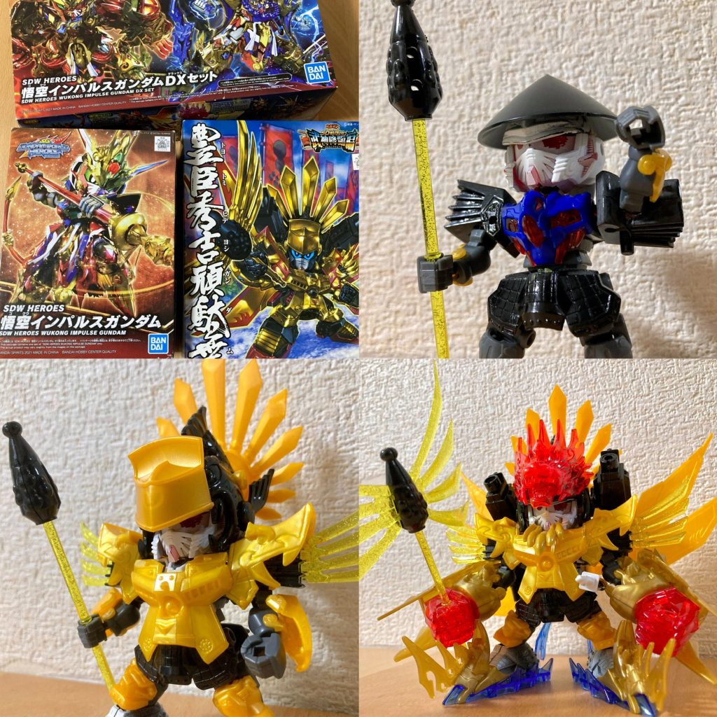 第1形態の木下藤吉郎シルエットは足軽らしいシンプルな武装にとどめ、素体の悟空インパルス本体の元々の小さめサイズ感を活かして短足・小柄な感じで整えました。頭部の陣笠はLGBB武者頑駄無付属の足軽璽武(ジム)の陣笠を利用しています。帽子を脱ぐと猿らしい丸みを帯びた頭部で、猿っぽい素足も相まって、かなり猿っぽいです。第2形態の羽柴筑前守シルエットは、SD戦国伝・武神降臨編の豊臣秀吉頑駄無のパーツを全身に装備して王道の戦国武将・秀吉といった雰囲気で仕上げました。ヒーローズ規格と戦国伝との接続規格の違いでそのままでは換装出来ず、また絶妙に可動干渉の範囲なども異なるため相応の調整を要し、最も時間が掛かりましたが、それなりのバランス感でヒーローズ規格に合わせて造形出来たかなと思います。