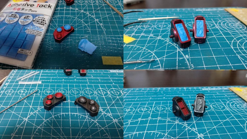 バーニア内部の赤の色分けはマスキングテープだと大変。。そこで、100均の粘着タックを赤塗装個所に埋めて保護。そのあと外側を塗装したら綺麗に色分けできました。