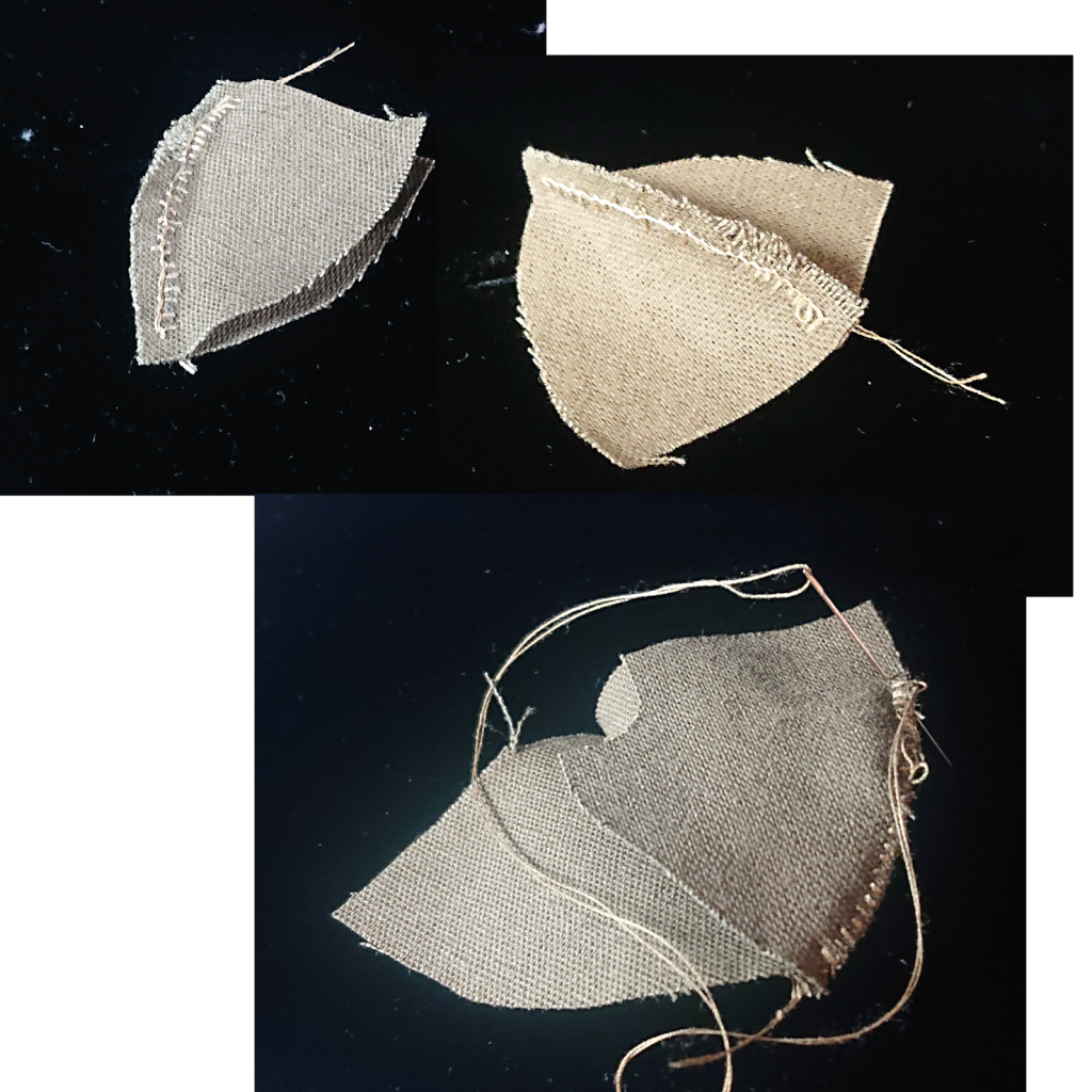 まず、布を三角に同じモノを6枚切り出し、端をブランケットステッチで縫って、3組作ります。3組作ったら、さらに端を縫って合体させます。