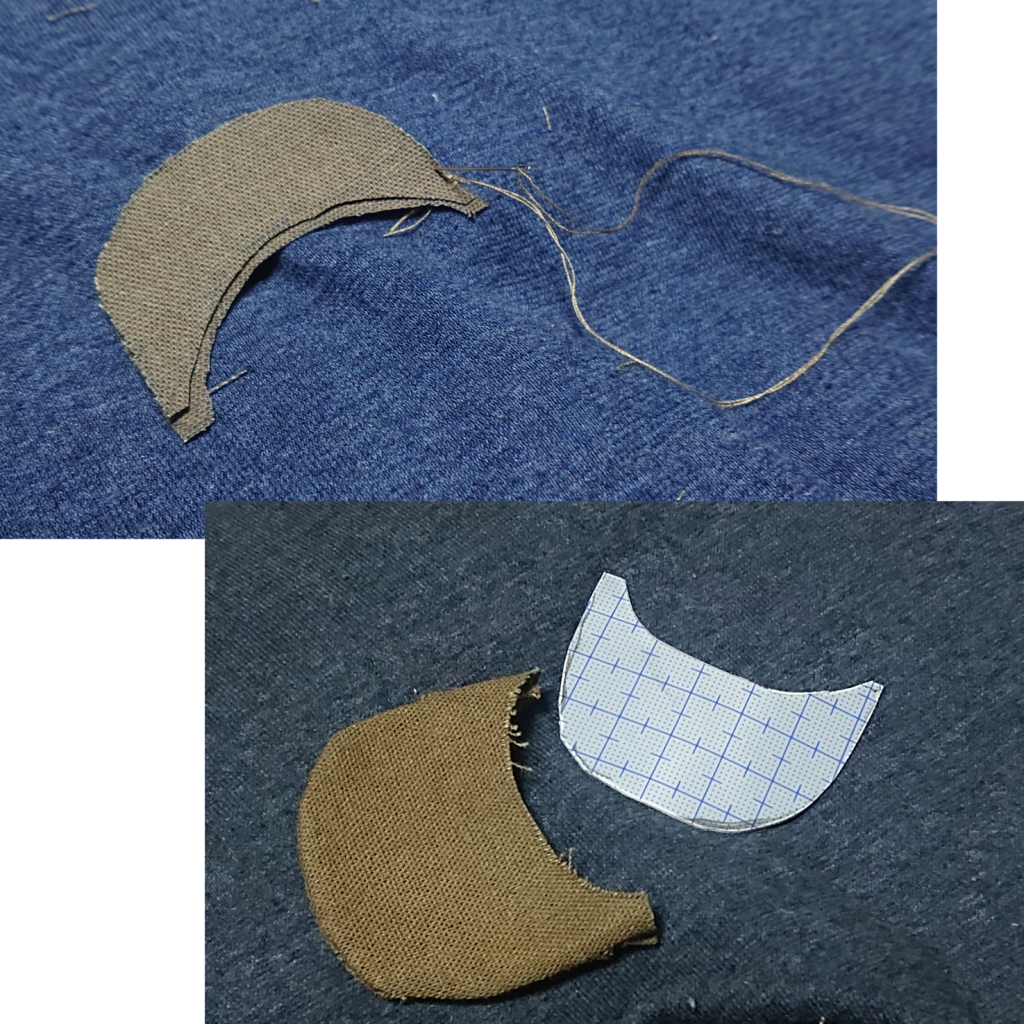 次に布を半円型に2枚切り出して、円弧部分をまたブランケットステッチで縫い、引っくり返したら、中に同じ形に切り出したプラ板を入れます。(何回かやり直したので写真はいい加減です)