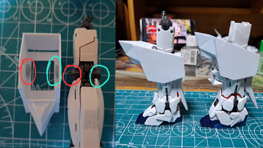 《製作途中の写真 (膝部)》脚部変形後の可動域に支障がない且着脱できるように作るが難儀でした 膝関節の赤丸と青丸で囲っている箇所と、アームドアーマーLBの同色の丸の箇所を組み合わせることで解決しましたでも一番ラインバレルっぽくない