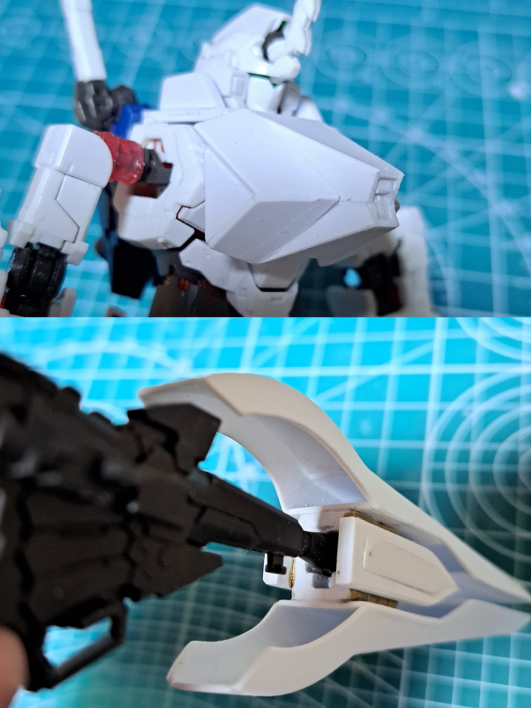 《製作途中の写真 (胴と銃)》ユニコーンをラインバレルっぽくしたいと前々から思ってましたが、RGユニコーン自体を弄る勇気と度胸がなかったのでパーツを着せる形にしました なので、パーツを付け替えれば通常のRGユニコーンに戻せますエグゼキューターめっちゃ分厚くなりました弧の長さも上下逆だし