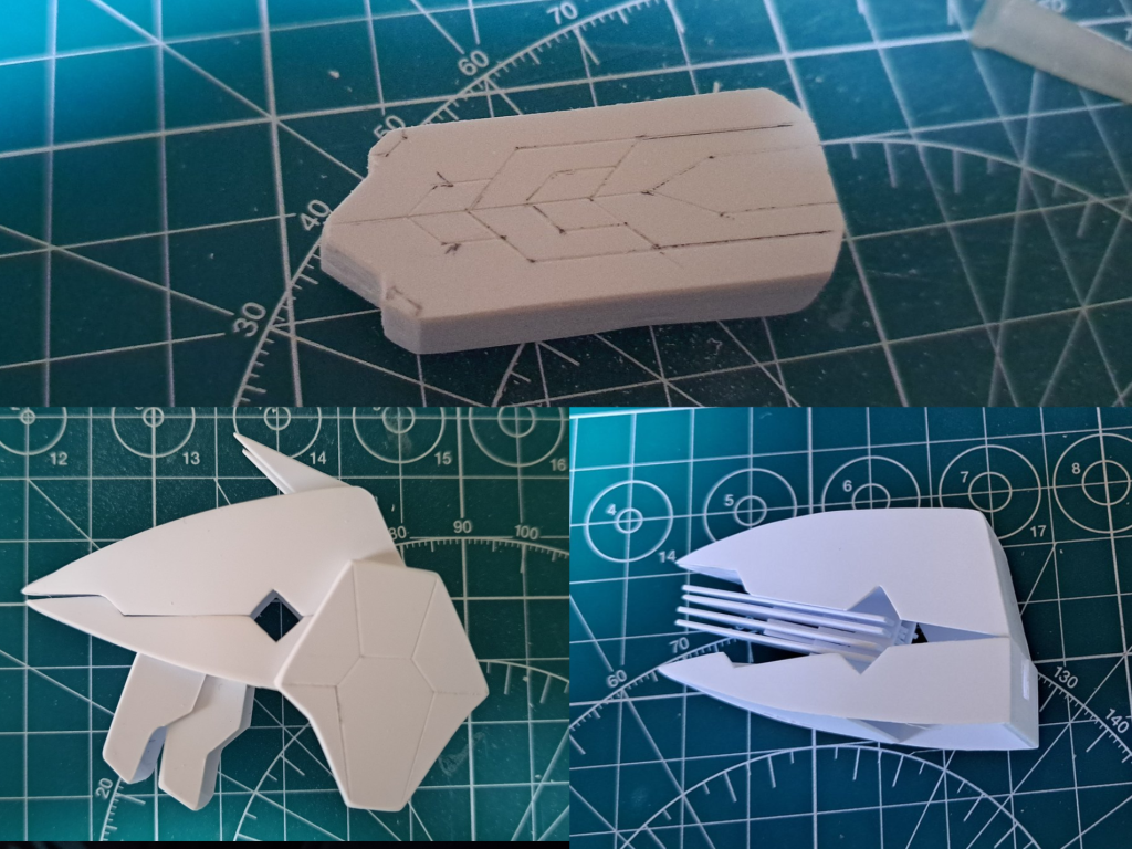 《製作途中の写真 (腕部と肩)》腕部のガントレットを作るとき、動く際邪魔にならない且刀をマウント可能且防御できそうな形にしようとして消しゴムみたいになりました一番ラインバレルっぽい肩のパーツ展開再現は、内部ジェネレーターのパーツ取り替えで再現してます