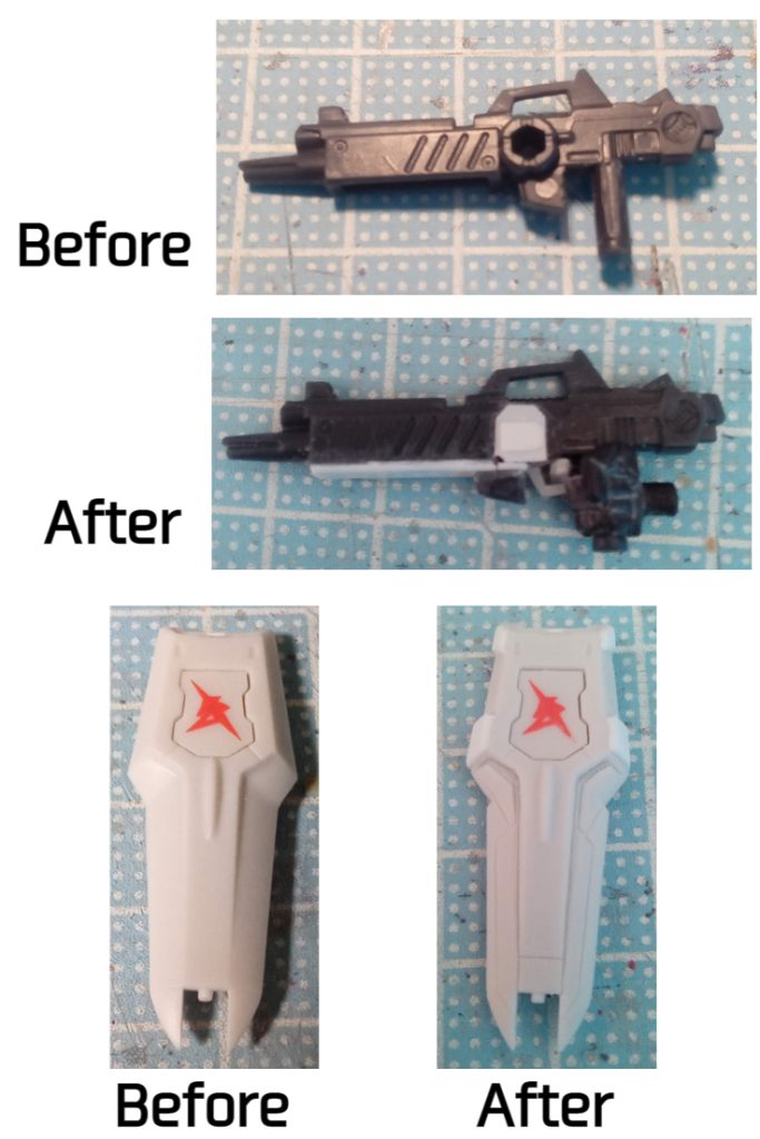 武装類。ライフルは穴を埋め、引き金を引いてるハンドパーツも作りたかったんで、その辺をカットしてディテール追加。ハンドパーツも指追加wシールドはつるっとした感じが嫌なので、プラ素材でしたので(本体のほとんどは塩ビ)モールドをケガく。角にプラ板でディテール追加。今回1番の出来がシールドだとおもってますw