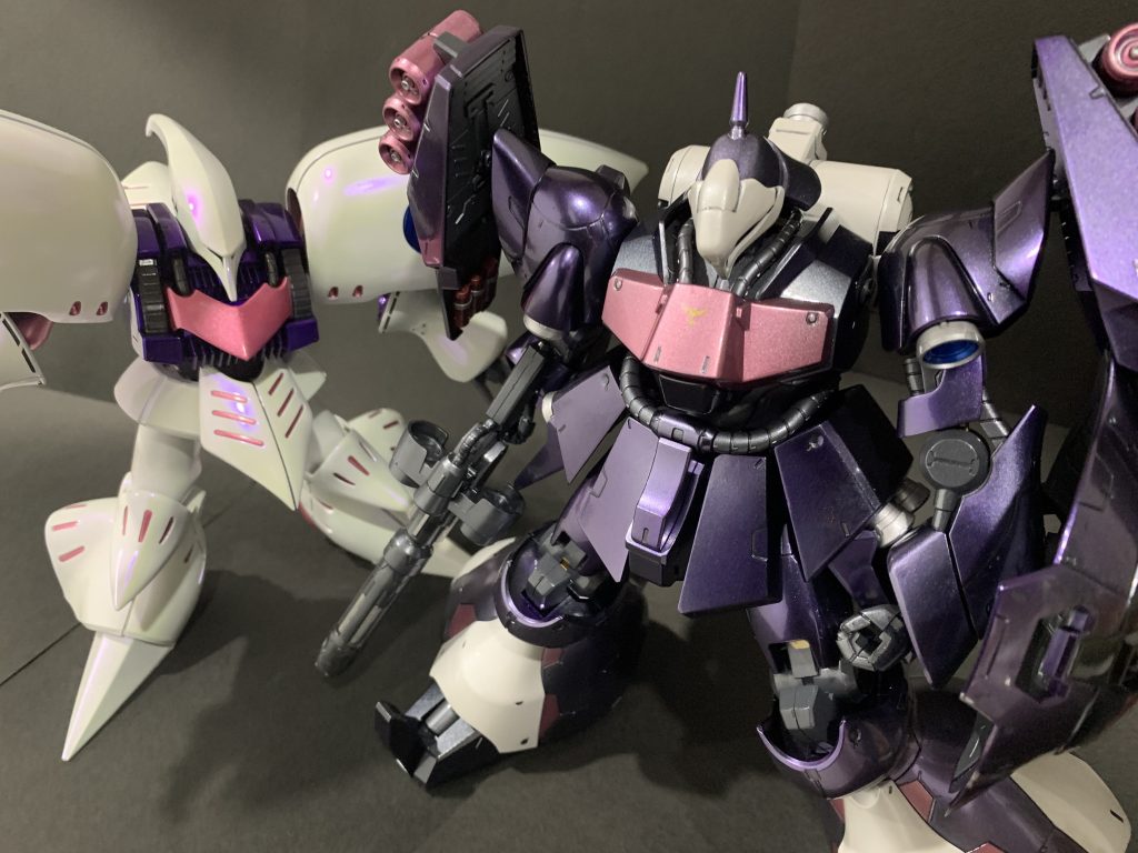 ツルッツル姉妹で。さすが逆シャア世代、デカい。負けず劣らずキュベレイもデカい(笑)まあ、顔も同じ猛禽類ですし一応キュベレイからの系譜?という事で、カラーにも親和性が出て良かったのかな、と。前回のジェガンWDカラーと交戦してた、なんて設定も考えましたが写真撮り忘れました😭ご観覧ありがとうございました。