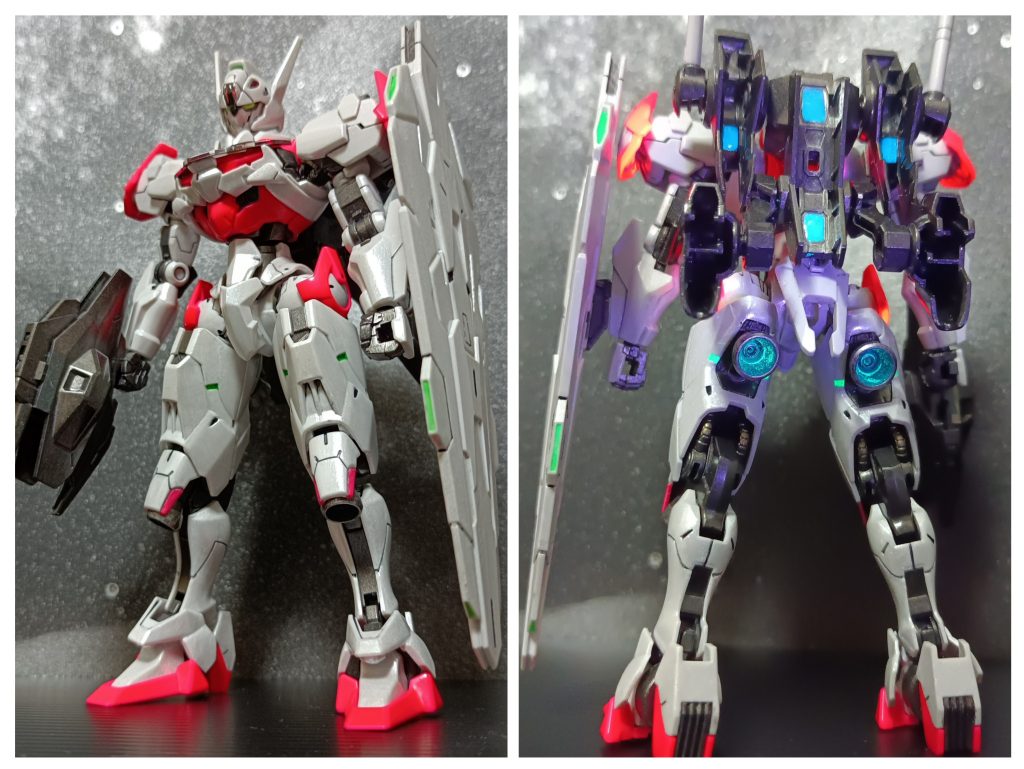 脚部スラスター内部やバックパックのスラスターらしき部分、武器のエフェクトパーツは蓄光ブルーを塗りました。
