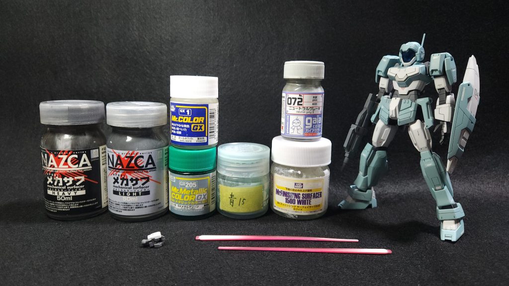 外装ホワイト1　ホワイトサフ+グレーサフ外装ホワイト2　ニュートラルグレーII外装ブルー　MSライトブルー+グリーン+ホワイト　サフ外装グレー　メカサフライト関節グレー　メカサフヘヴィクリアパーツ内側　GXメタルグリーンビームサーベルホワイト　クールホワイト