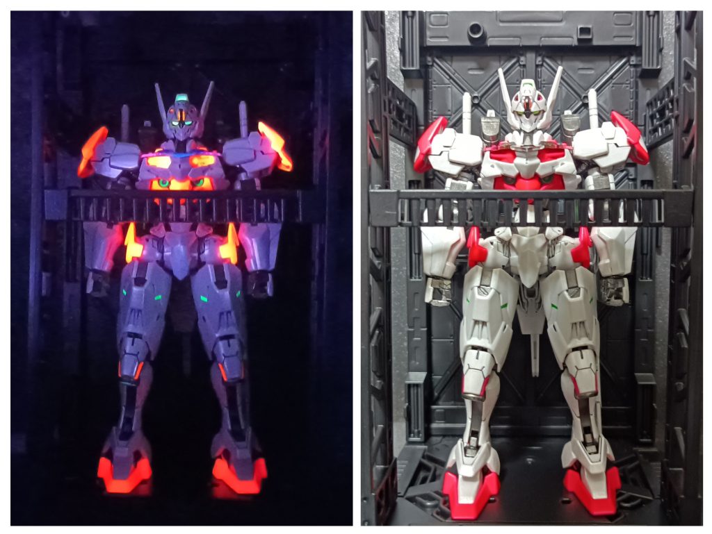 ホワイトの外装はダイヤモンドシルバーをシャバシャバにして成型色を活かしつつパールっぽくなるように、赤い(?)パーツは大胆に蛍光ピンクで塗りました。ツインアイやその他センサー部分には蛍光グリーンを塗っています。ブラックライトのみを照明に使うといい感じの輝きになりました!加工は、アンテナの安全フラッグをカットしたのと、足首(?)の肉抜き穴を埋めたくらいです。キットそのままでめちゃめちゃカッコイイのでスタイル改修などは要らないですね。