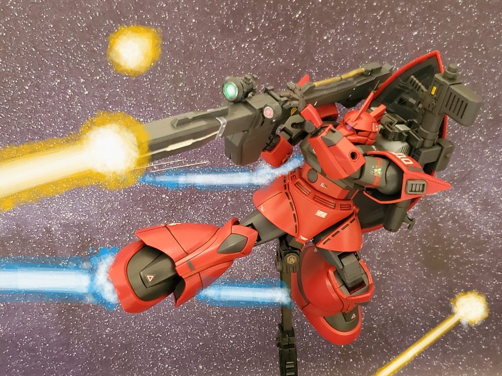 Eフィールドに進行した連邦MS前衛部隊は機動性の高い真紅のMSに次々に撃破されていく…😱💦フランクリン・ノボトニー中佐も愛機のジムコマンド高機動型で戦線に到達❕そして、その真紅の機体を確認👀し震えた…((( ;゚Д゚)))