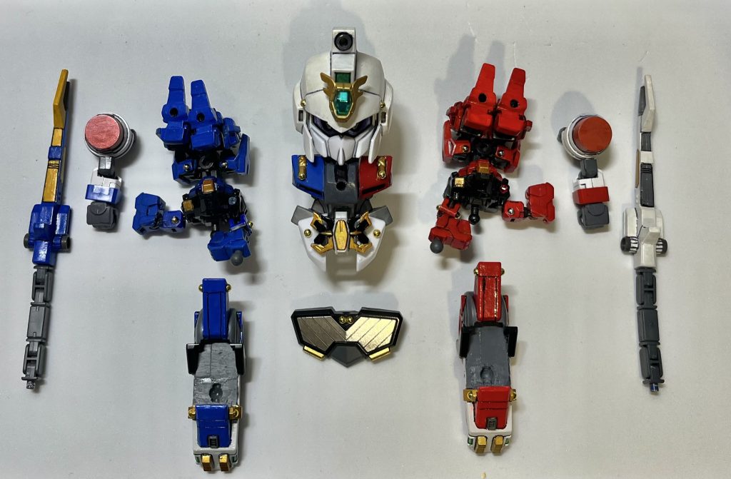 左右合体（シンメトリカルドッキング）モビリティジョイントと鋼丸,ヴェルデバスターのパーツを使います。