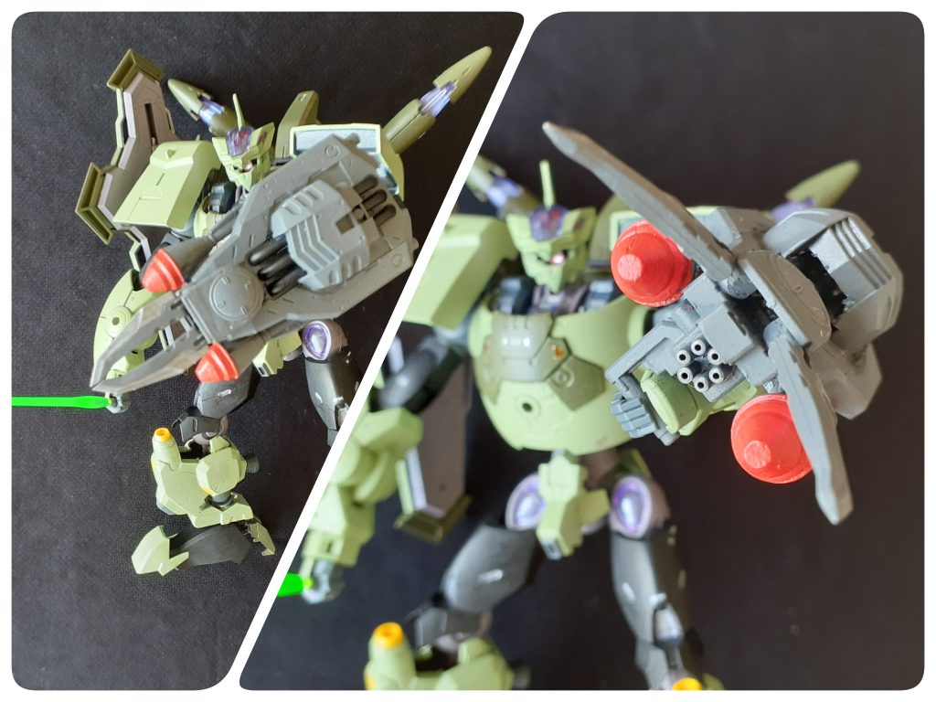 自作のシザースシールド。シールドと言うより複合武装ですね。従来のシールドをサイコジャマーに特化したので、新たに装備。ジェネレーター内蔵でシザースの切断力はすんごい設定。ビームガトリングも撃てます。弾倉スペースがないのでビームって事に(笑)