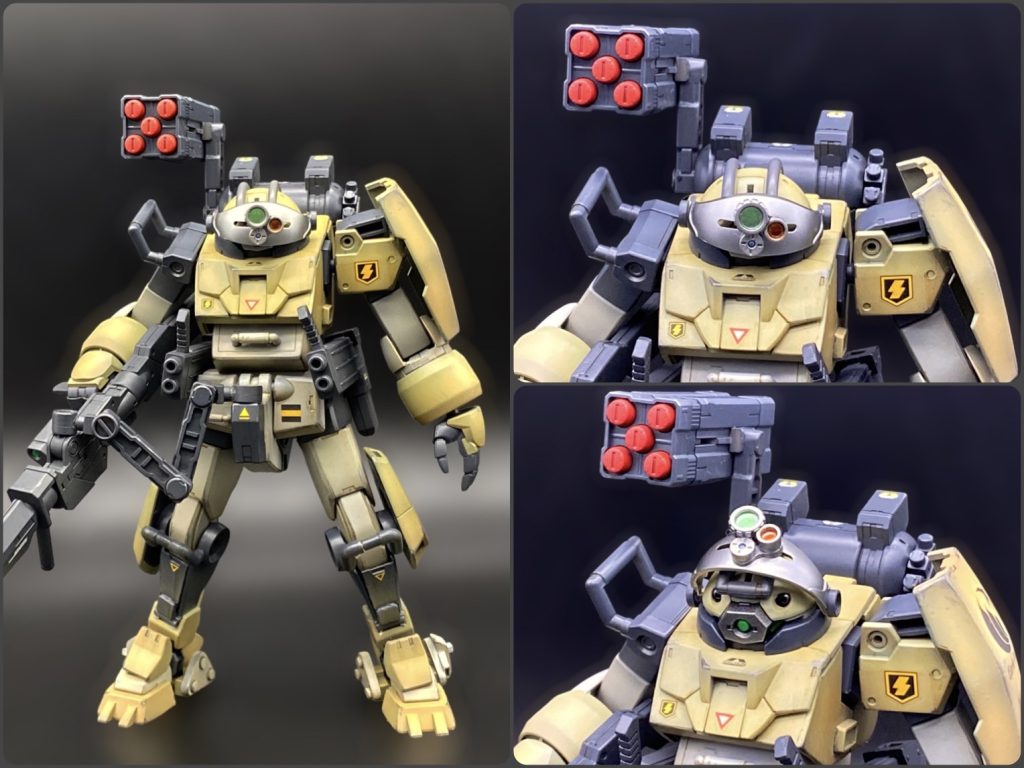 オマケです。ここまでしたらとことんやってしまえ!という気分になり、ちょいプラスコープドックのバイザーを、内側を少し削って被せました。拡張性を活かしてありものの武装を追加し、なんちゃってターボカスタムの完成です!無関係なキットのバイザーが全く違和感なくてなんだかもう😅