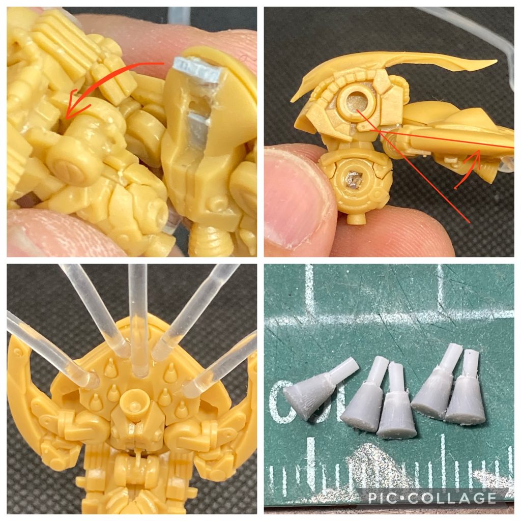 ファンネルコンテナは一度切断して、はめ込み式に加工。角度もつけて、ファンネル射出時の演出としました。ファンネルエフェクトは、ファンネルを五つ削り取って2㎜の穴を開けて取り付け。ファンネルはリューターをロクロにして3㎜プラ棒から削り出して制作。