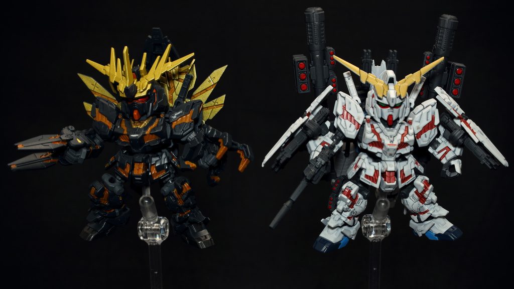 全部乗っけ 2ショット。すごいボリューム。ユニコーンはやっぱりデザインが秀逸ですよね。1号機と2号機の対比も素晴らしい。どちらもどちらで甲乙つけがたい魅力があります。素体はピンポイントの違いだけでほとんどカラバリの機体なのに、結果的に全くの対極的な性格になっているのはすごい!ガンダムは色んな角度から掘り下げるとほんとに勉強になりますm(_ _)m