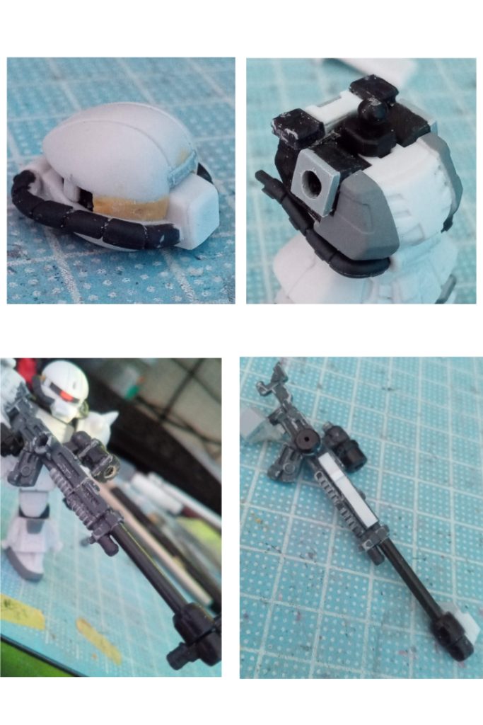 目つきをシャープにするため、頭部後ろを上げ、隙間をパテ、プラ板で埋める。ダクト接続部も削って、穴もプラ板でフタ。肩と胸部の接続が詰まった感じなので、接続部品に1㎜プラバンで増幅。首後ろもスカスカなのでプラ板と同じパーツ切って貼る。1㎜ぐらい増幅。マッシュ機のMS用対艦ライフルも自作。ケンプファーの改修で使わなかったショットガン2丁を切ったりして、プラランナー、関節部品、ザクマシンガンのスコープでなんちゃって対艦ライフル完成。引き金をひくハンドパーツも作成。