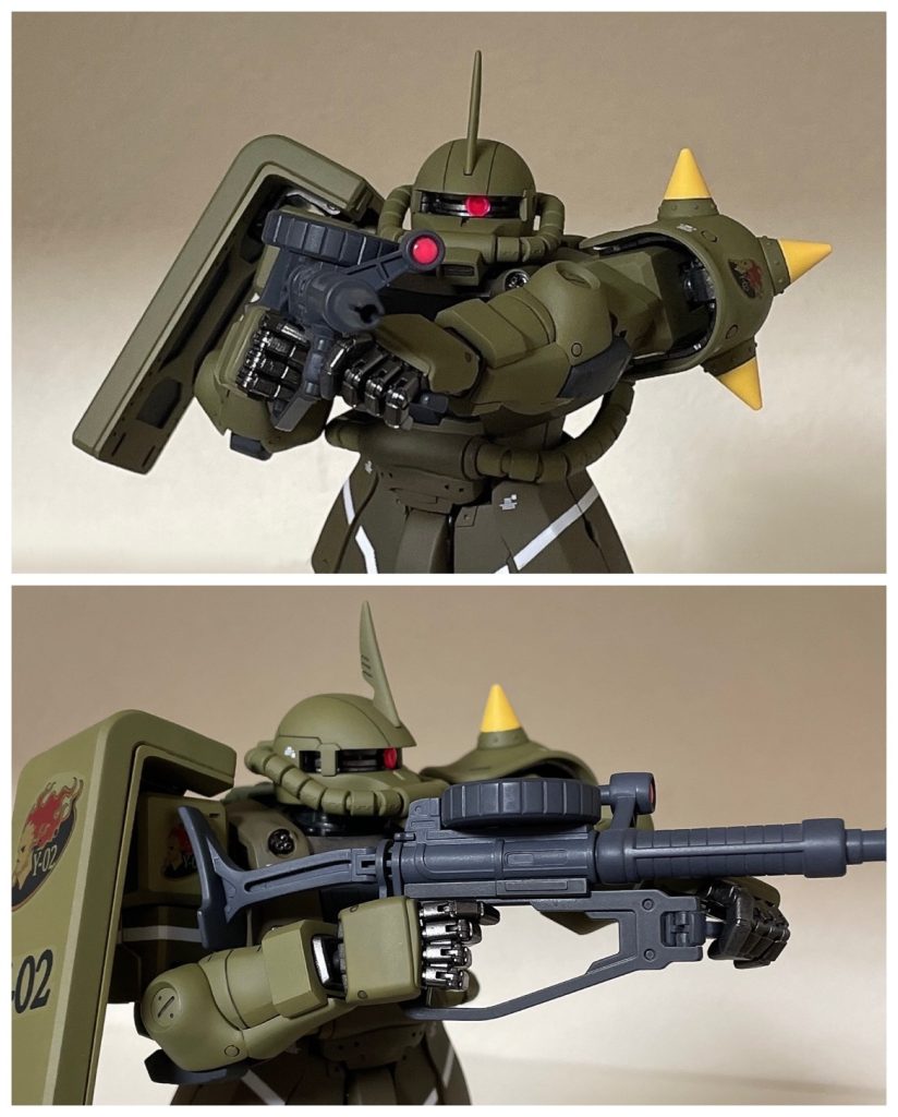 原作どおり、スパイクアーマー、右肩前面、シールドに自作のデカール(色を着けるのが大変でした)を貼りましたが、下地の色に負けてしまい、くすんだ感じになってしまったのは少々残念です。その他のデカールは、設定画どおりにしたので、若干少なめな感じとなりました。(改修に手がかかりすぎて疲れてしまい、これ以上貼る元気がなかったというのが正直なところです。)