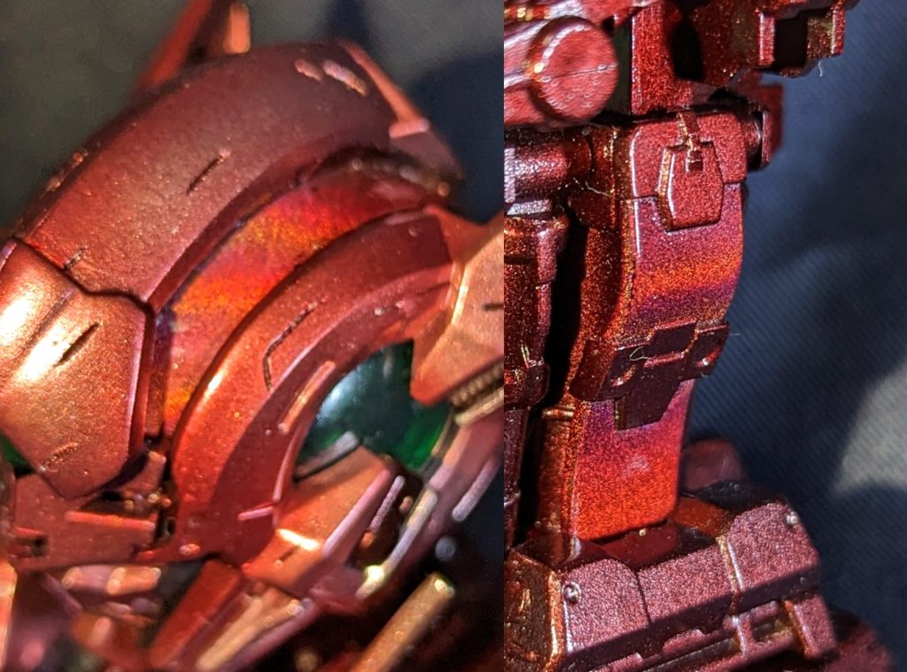 GN粒子供給ケーブルは光沢黒→ガンマカトランザムホロレッド→クリアレッドで塗装ガンマカホロの上にクリアコートは非推奨のようですが、ギラつきがある程度抑えられてこれはこれでいい感じ