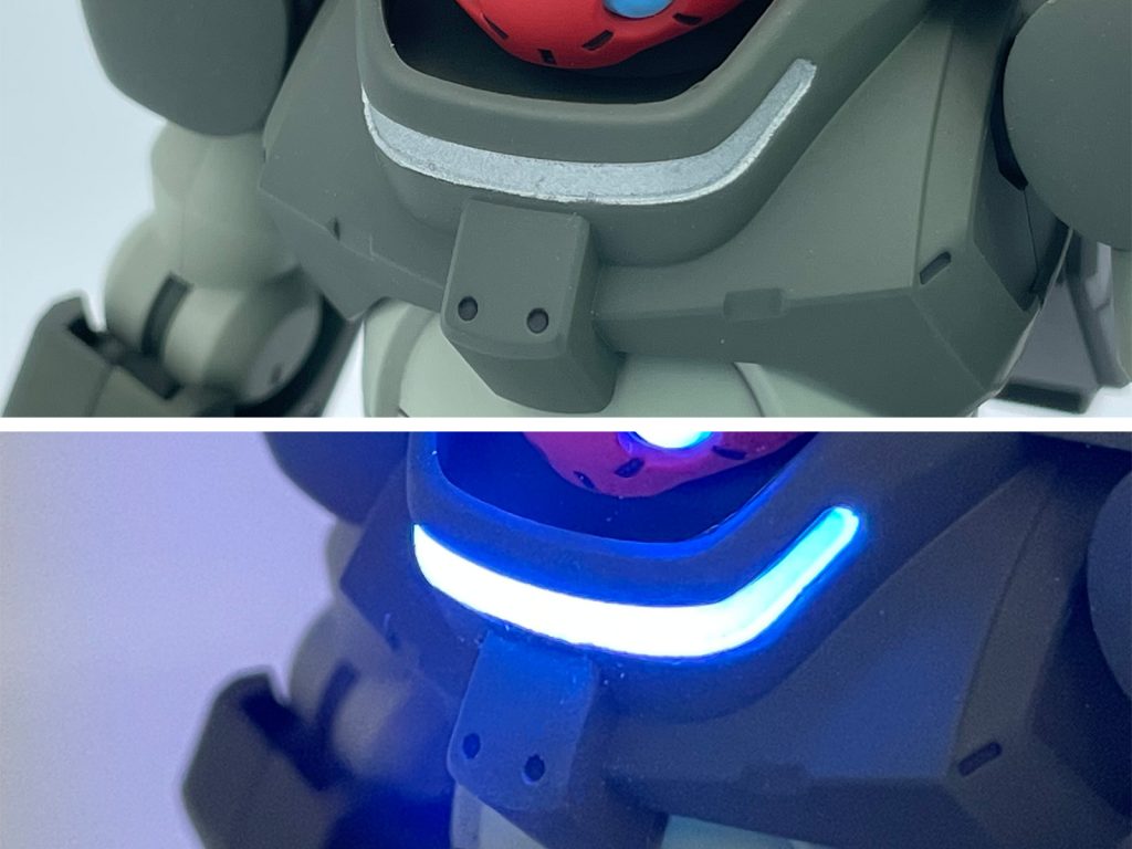 胸部や腰部のシールを貼る指定になっていたブルーの部分はエナメル塗料で塗装。蛍光カラーを混ぜたので光ります。┗【T / X-32 チタンシルバー:G / GE-06 蛍光ブルー = 1:3】