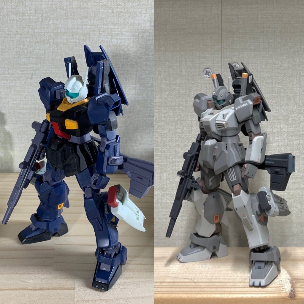 塗装前と塗装後です。塗ってない状態のカラーリングもAGE1スパローの様で気に入っていたんですが結局変えちゃいました。新しい試みとして関節色をカッパー系にしてみましたが、なかなか良いアクセントになったので気に入っています。