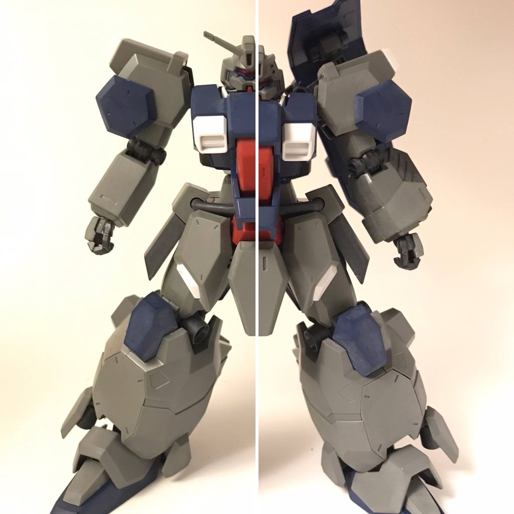 グスタフカールは腹部の稼働ジョイントがあるものの、ばーつの干渉によりほぼねじれのポーズが作れません。なので腹部はゼータガンダムから腹筋を拝借。これによりねじれ可動を実現。左、腹部延長加工済