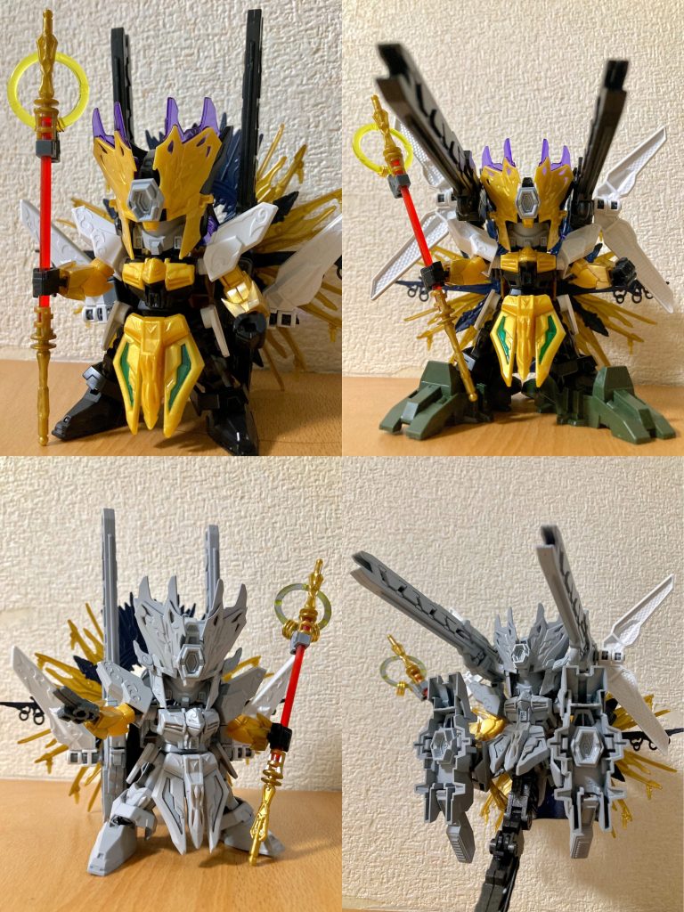 窮奇ストフリをベースキットに、三国創傑伝の部隊兵ジェガン顔を差し込み、各種ヒーローズ&創傑伝キットからパーツを組み合わせて造型しました。サテライトキャノン部分はサージェントヴェルデバスターDXセットのジャスティス・レールガン&アルセーヌガンダムXのルナ・リフレクターユニットのパーツを見立ててカラーリング変更し、可動接続を調整して取り付けています。頭部ハイメガキャノン、脚部メガ粒子砲はガンプラビルダーズパーツ製品のハイメガキャノンを活用しました。