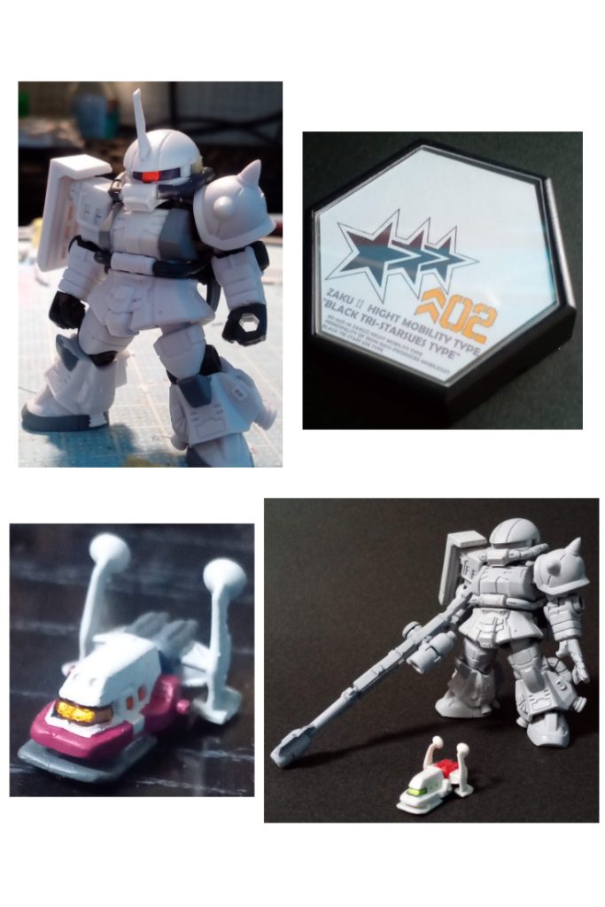 ベースはシンマツナガ機なので真っ白。台座は、得意の鉛筆削りに三連星マークなどをデザインしたものを挟む。レビルの乗っていたランチは、ガンダムコレクションという昔のフィギュアから使いました。大将機は色が違うのでリペイント。