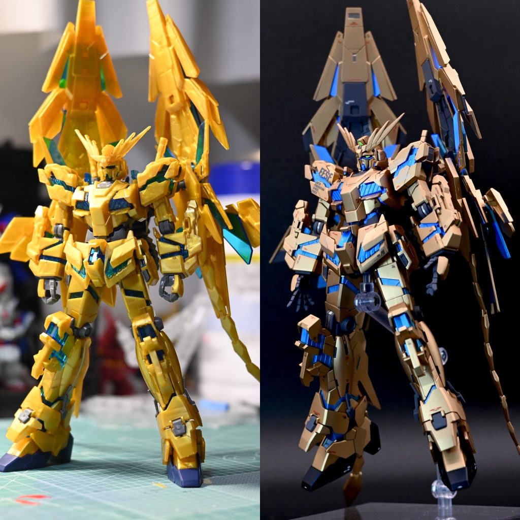 ポーズは違いますが、ビフォーアフターです。シルエット自体は好みだったので、特に調整は加えていません。手パーツのみ、次元ビルドナックル角に置き換えています。