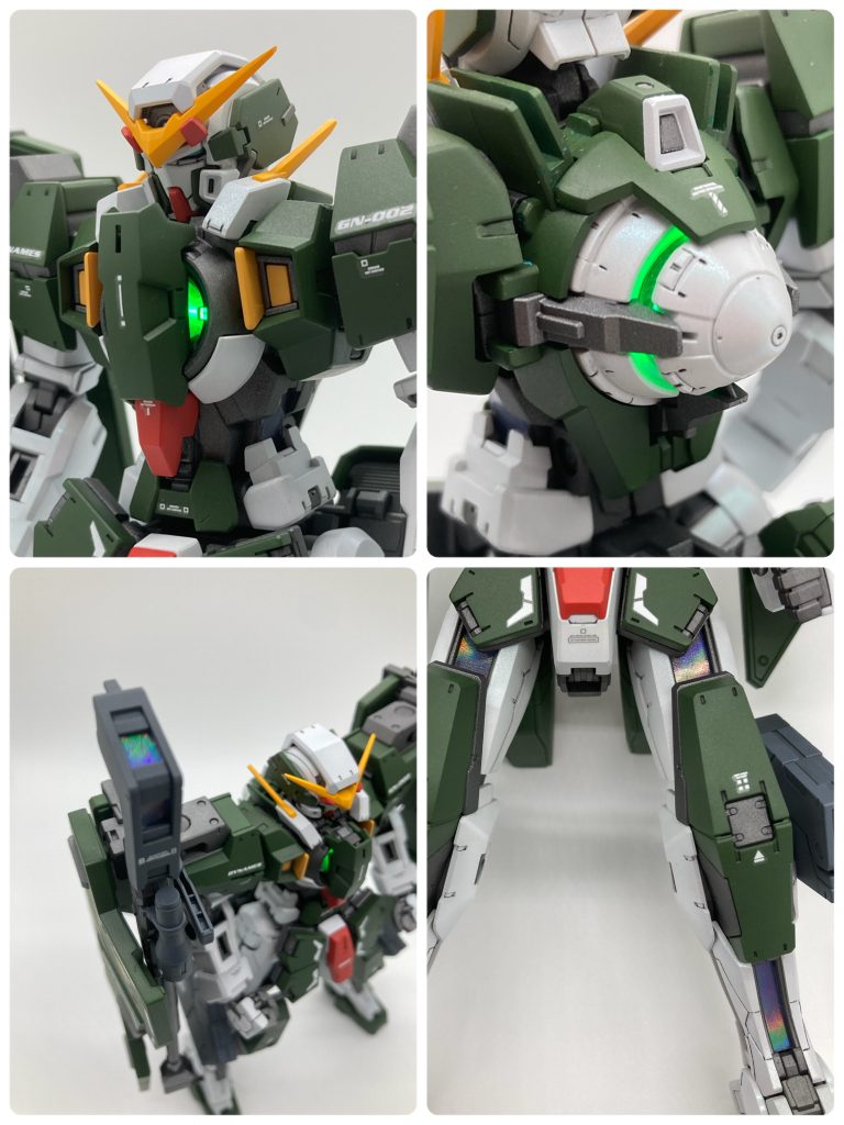 加工は、別売りのLEDユニットをGNドライヴに取り付け・機体各所のケーブルの裏側にホログラムフィニッシュを貼り付けたのみで、造形の変更はありません。