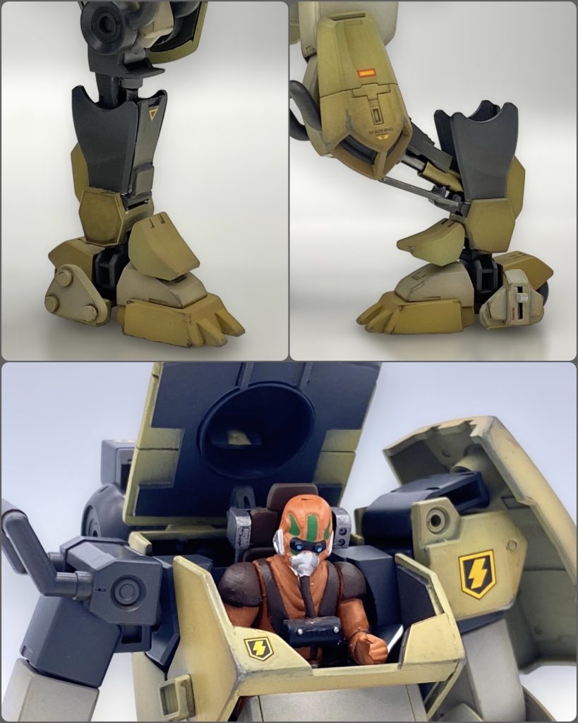 ことの発端となった脚部改修です。脛の前蓋は膝フレームでロックされて前に倒せないのでシリンダーを内蔵し、上に引き上げてから前に倒す事で降着姿勢に移行します。乗り降りするための姿勢なので当然ハッチも開きます。となれば当然パイロットも…人が乗れるスペースを確保するためAT風の腹部を自作…