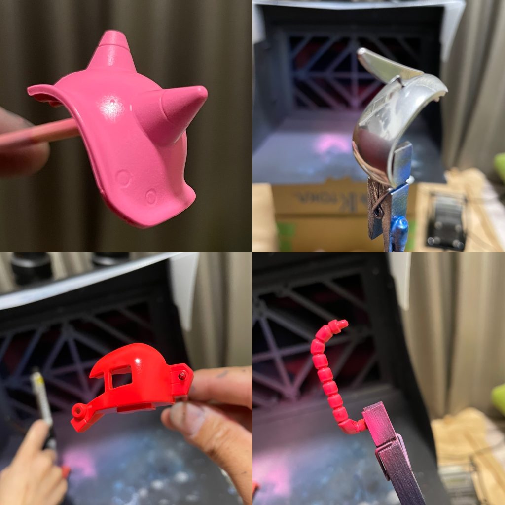 成型色にダイレクトにアクリジョンの蛍光ピンクを吹いたものと、ガンダムメッキシルバーをエアブラシで👍